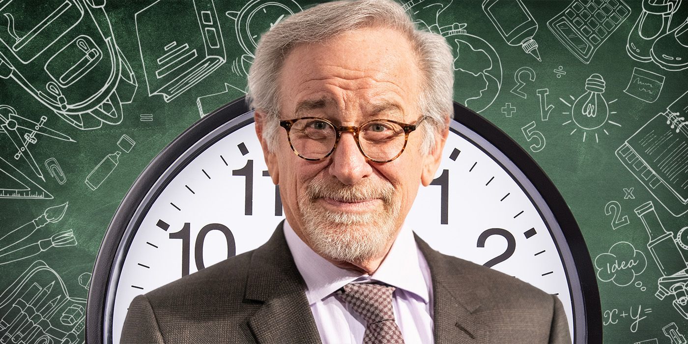 Custom image of Steven Spielberg against a clock and a chalkboard