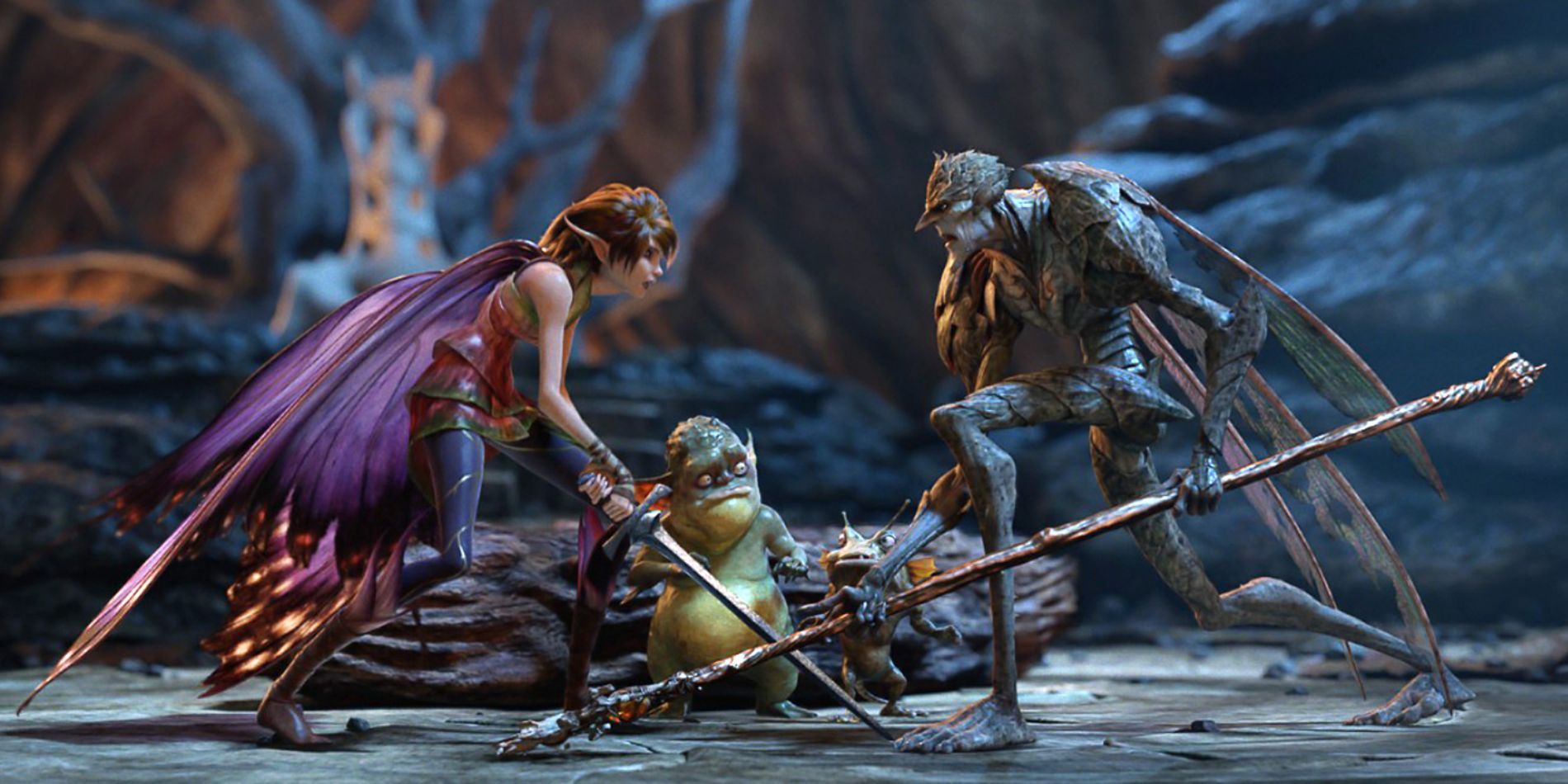 Two fantastical creatures face in battle while a tiny creature looks from the sides in Strange Magic