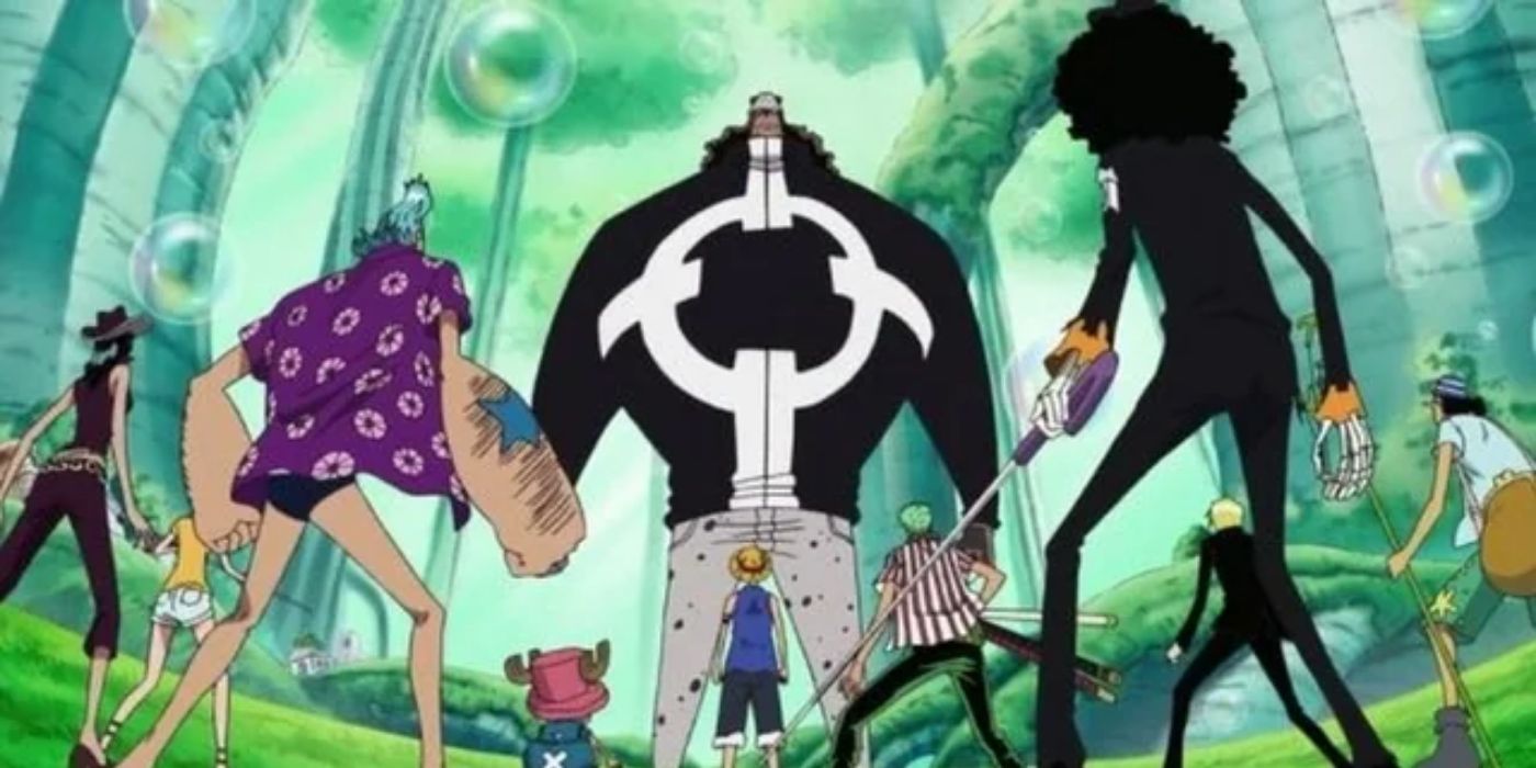 The Straw Hat Pirates confront Kuma in the Sabaody Archipelago in One Piece.