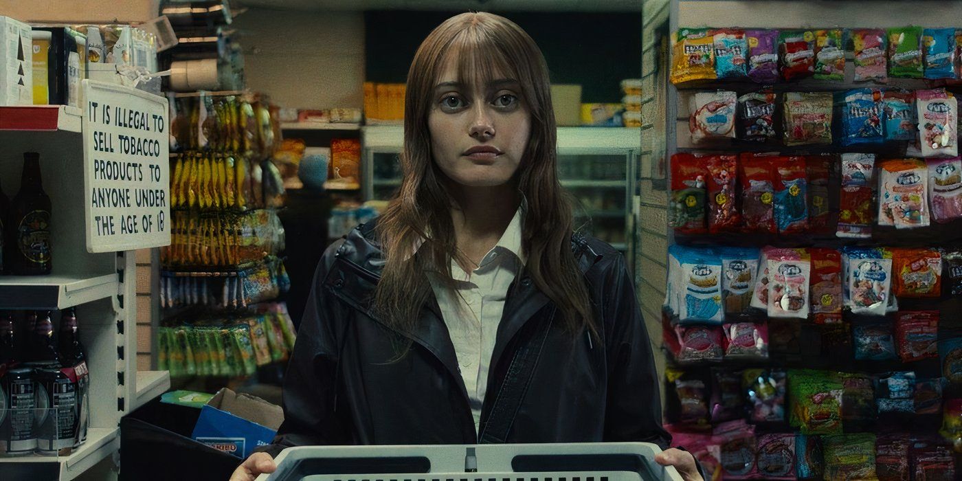 Ella Purnell as Rhiannon in 'Sweetpea' holds a basket in the middle of a store