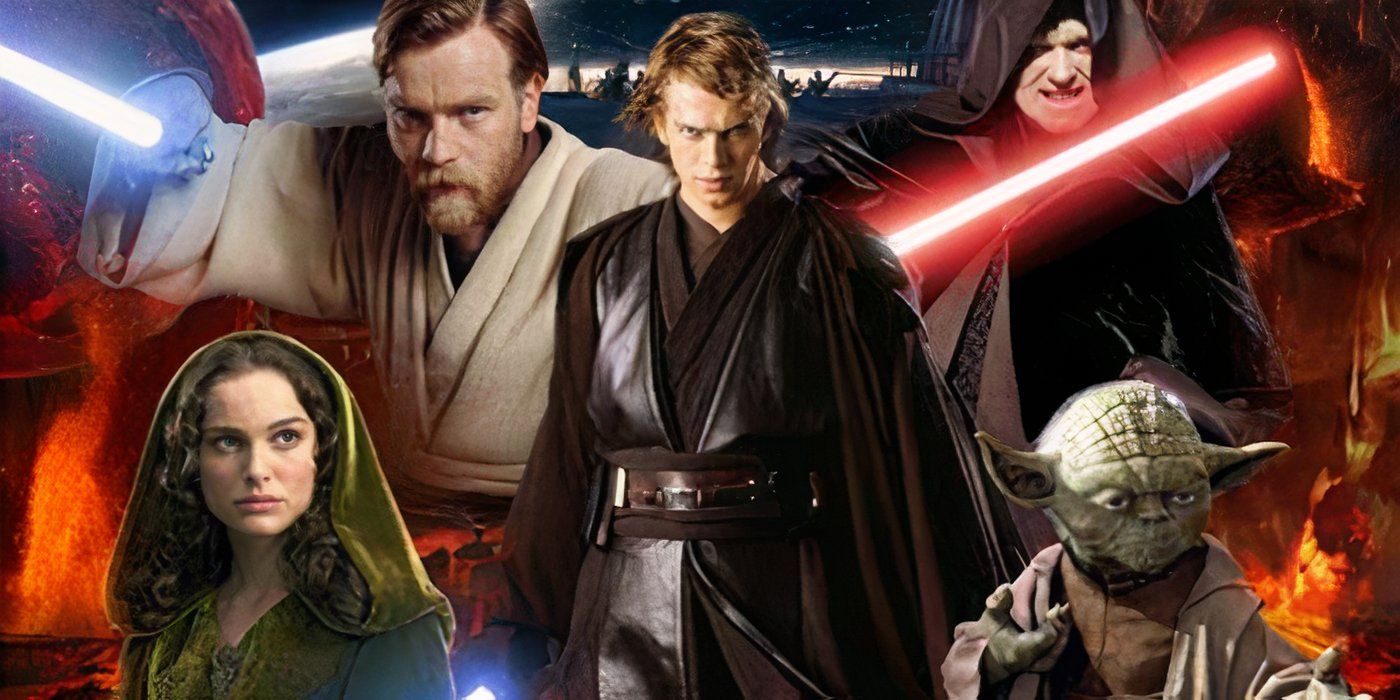 Left to right: Padme (Natalie Portman), Obi-Wan (Ewan McGregor), Anakin (Hayden Christensen), Palpatine (Ian McDiarmid) and Yoda (Frank Oz) all pose against a fiery backdrop