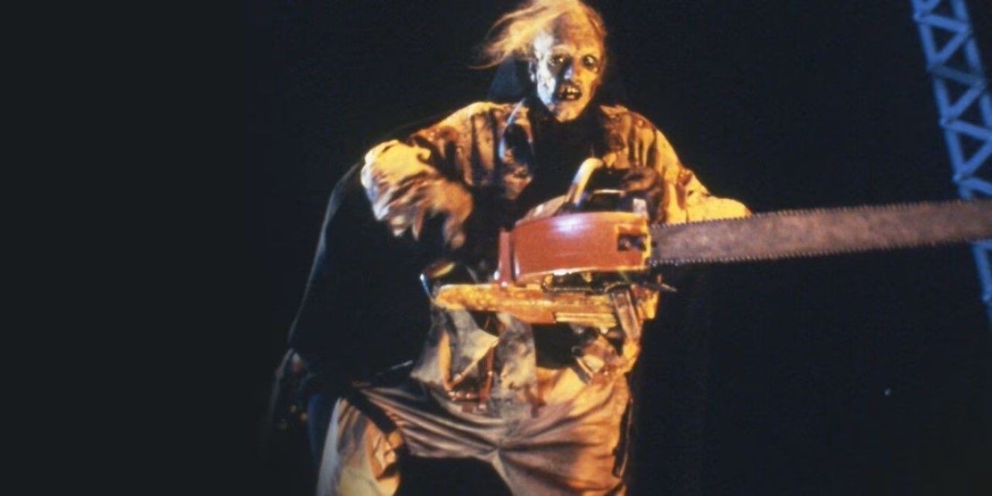 Tom Morga as Leatherface during the bridge scene in &lsquo;The Texas Chainsaw Massacre 2&rsquo;