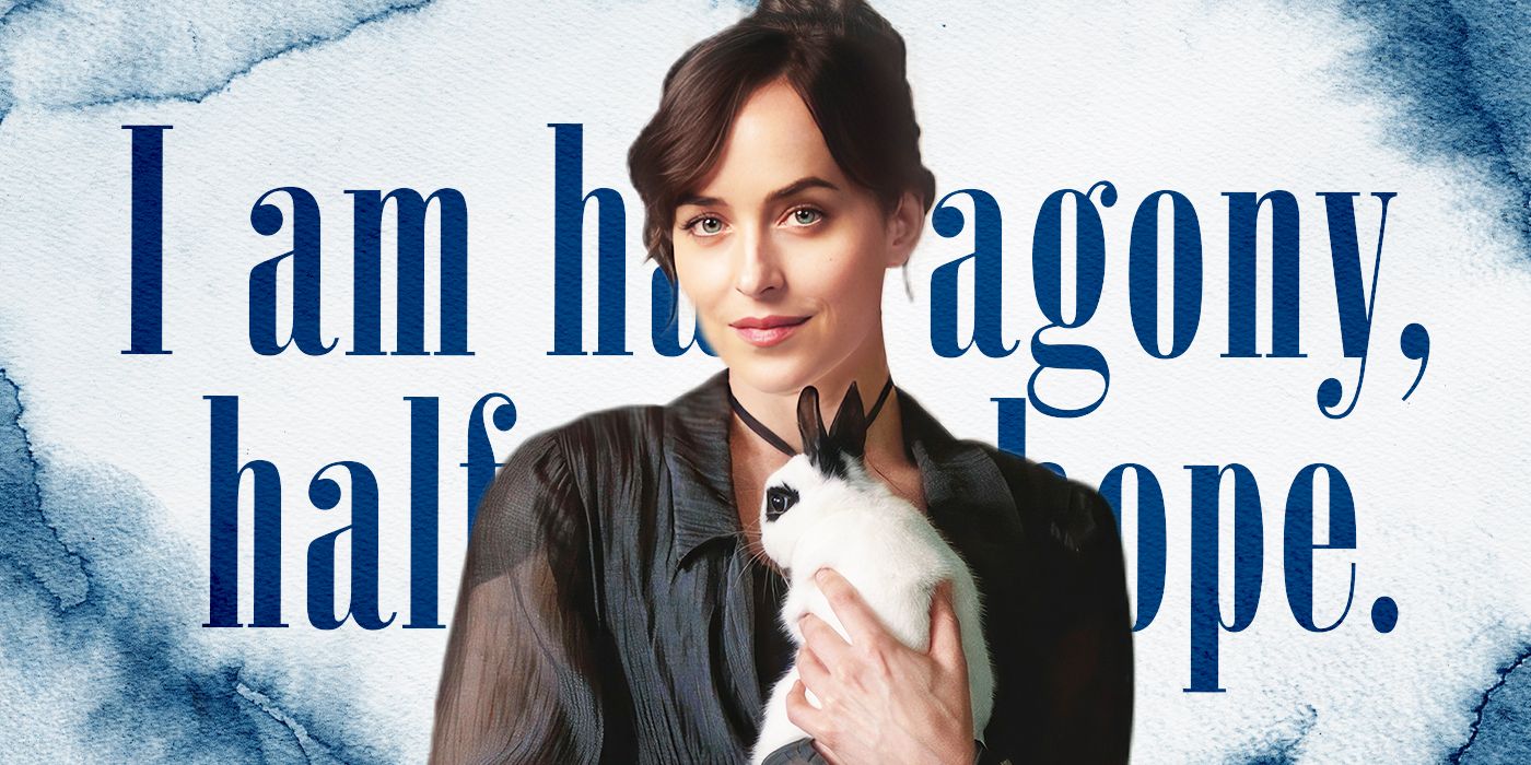 Blended image showing Dakota Johnson in Persuasion and a quote on the background.