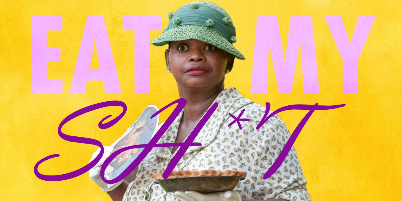 Blended image showing Octavia Spencer in The Help with the words EAT MY SH*T in the background.