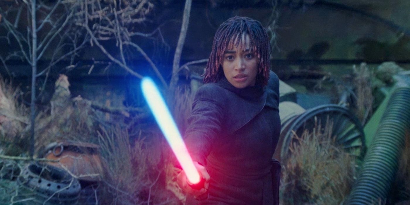 Amandla Stenberg bleeding a lightsaber from blue to red in The Acolyte Season 1 finale