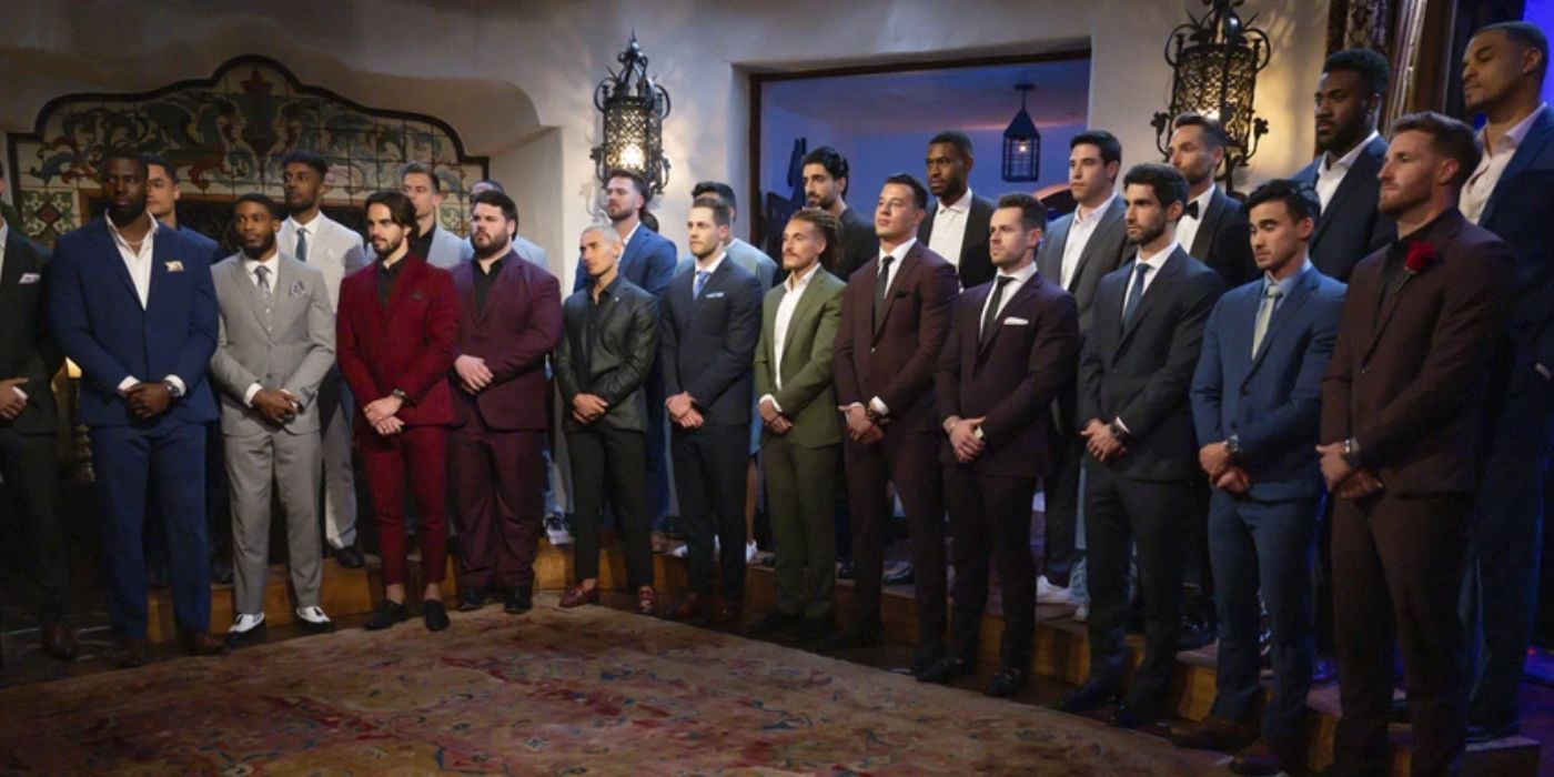 Los hombres que compiten en la temporada 21 de The Bachelorette están uno al lado del otro en el episodio 1.