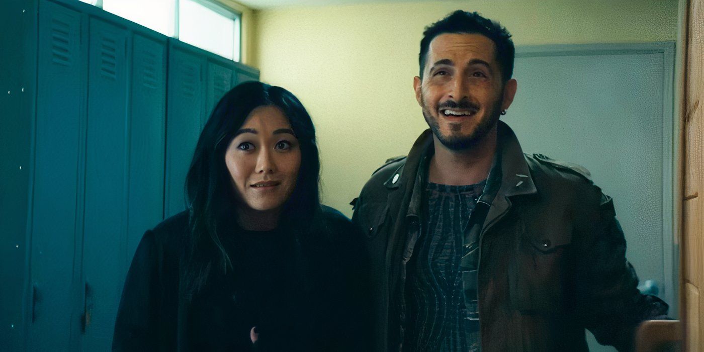 Kimiko (Karen Fukuhara) and Frenchie (Tomer Capone) smiling awkwardly in The Boys