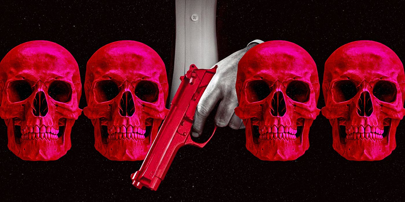 A hand holding a red pistol, surrounded by red skulls
