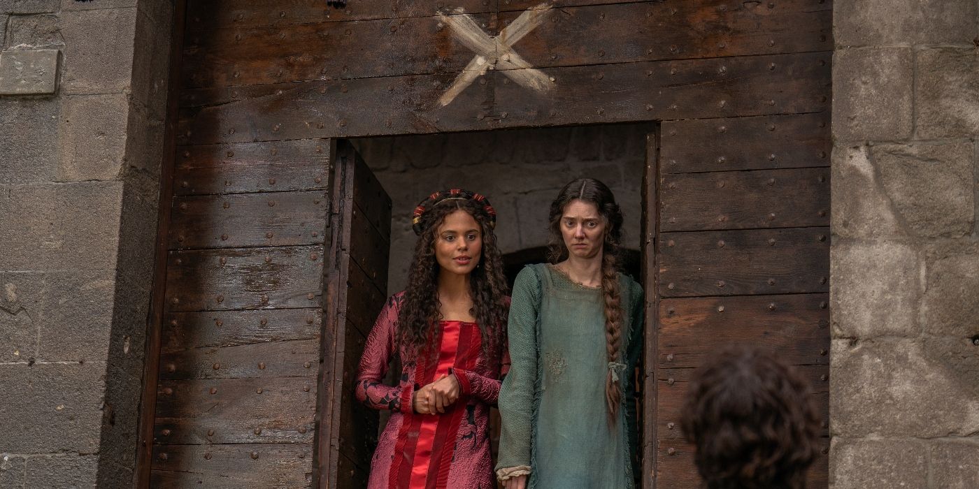 Tanya Reynolds and Jessica Plummer standing in a doorway marked with an X in The Decameron