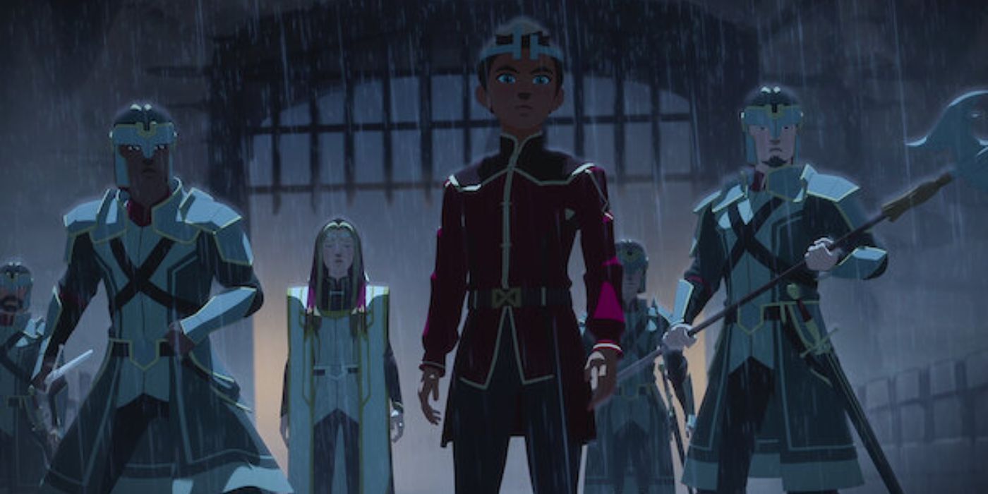 King Ezran, his advisor Opeli, and his guards stand in the rain