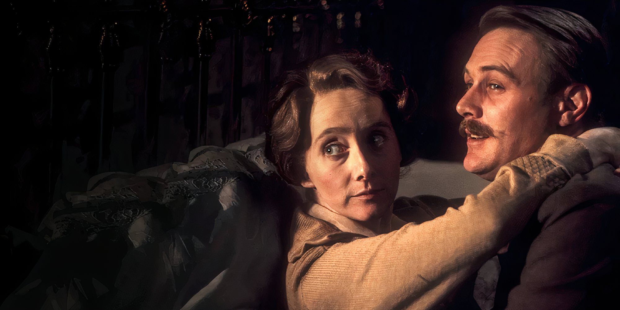 Louisa Trotter, portrayed by Gemma Jones, holding onto a man in The Duchess of Duke Street.