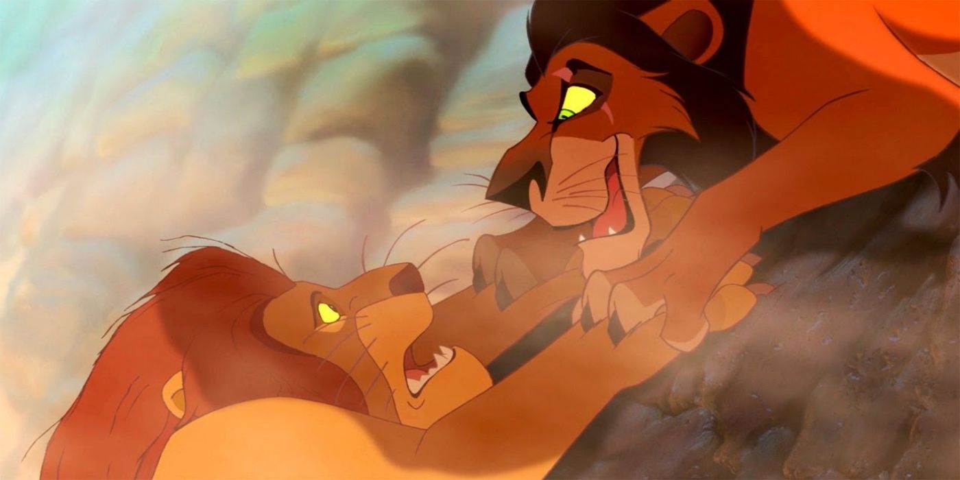 Mufasa hangs off a cliff; Scar sticks his claws on Mufasa's paws and smiles cruelly in The Lion King (1994)