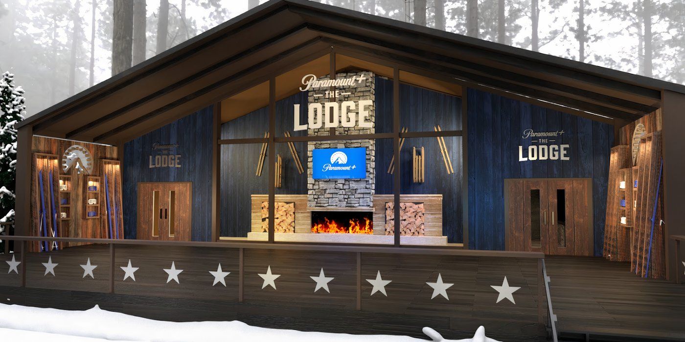 Front of a picturesque cabin with the sign reading The Lodge