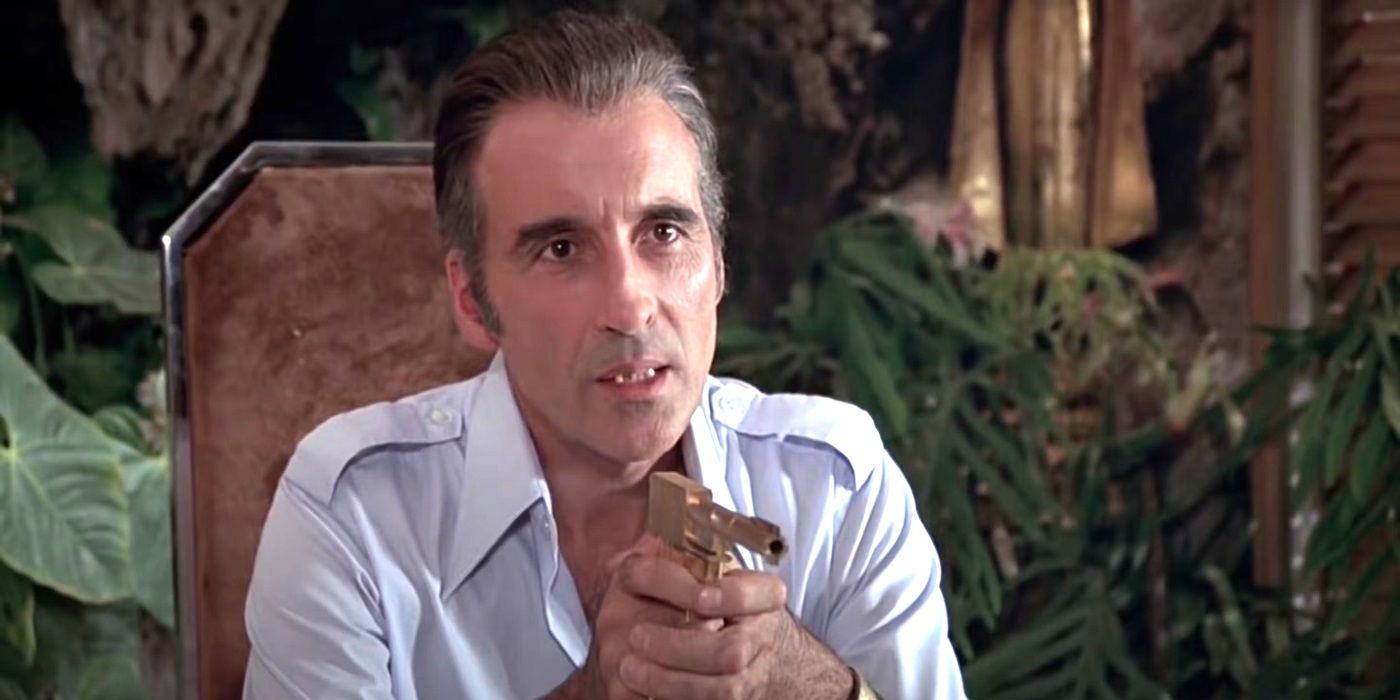 Christopher Lee as Francisco Scaramanga aiming his golden gun at James Bond in The Man With the Golden Gun