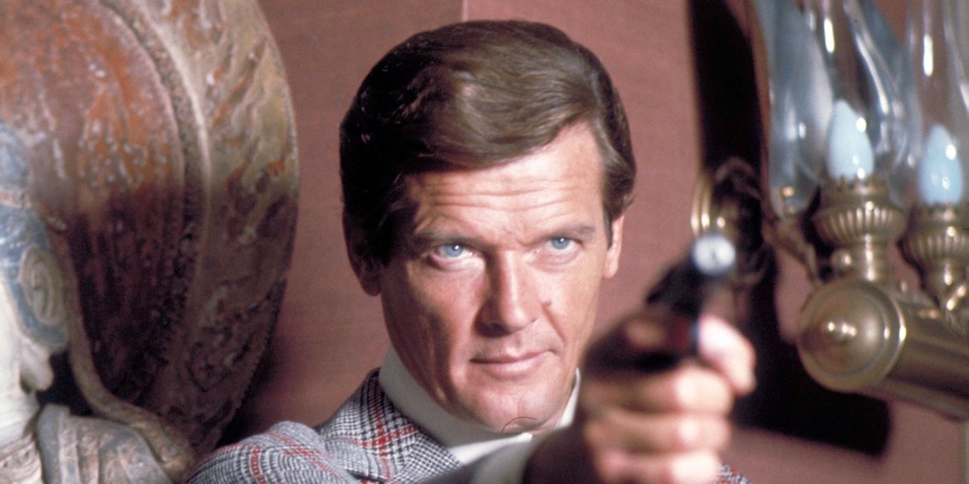 Roger Moore as James Bond pointing his gun at a target offscreen in The Man With a Golden Gun