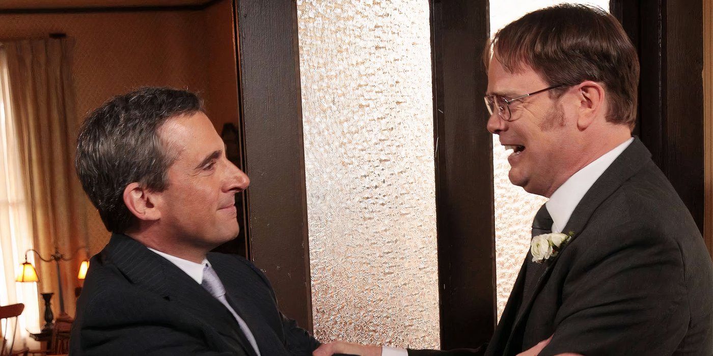 Dwight tearfully saying goodbye to Michael Scott as they look at one another on The Office.