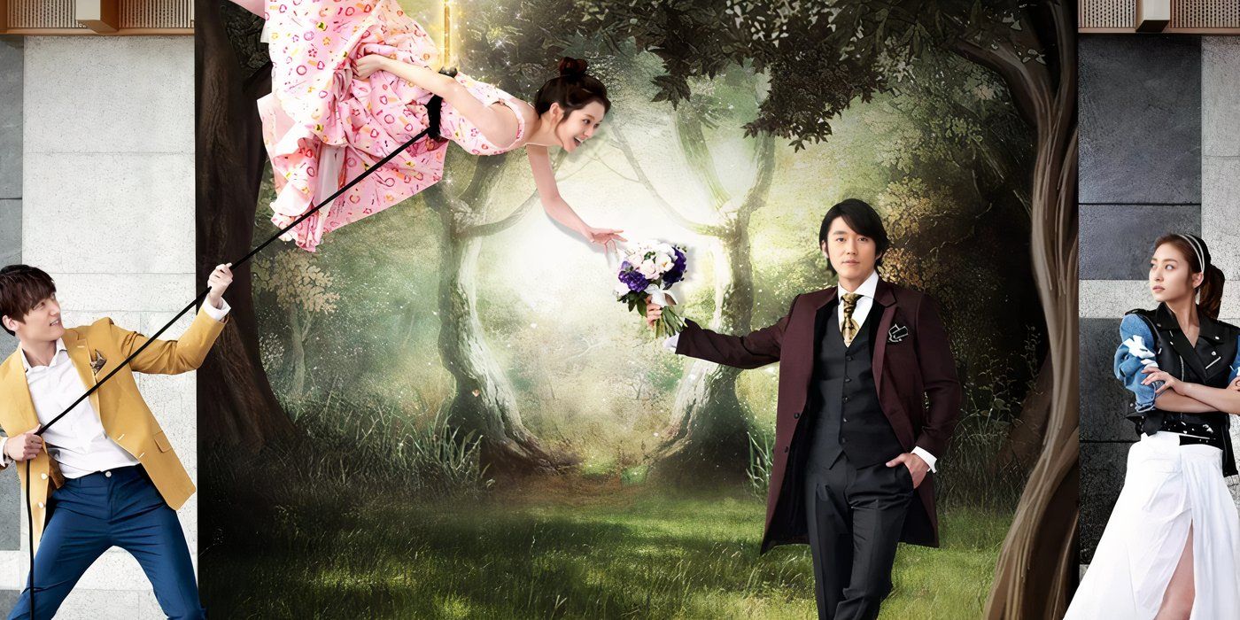 A woman is suspended reaching for flowers a man holds out in front of a backdrop in a promo for Fated to Love You