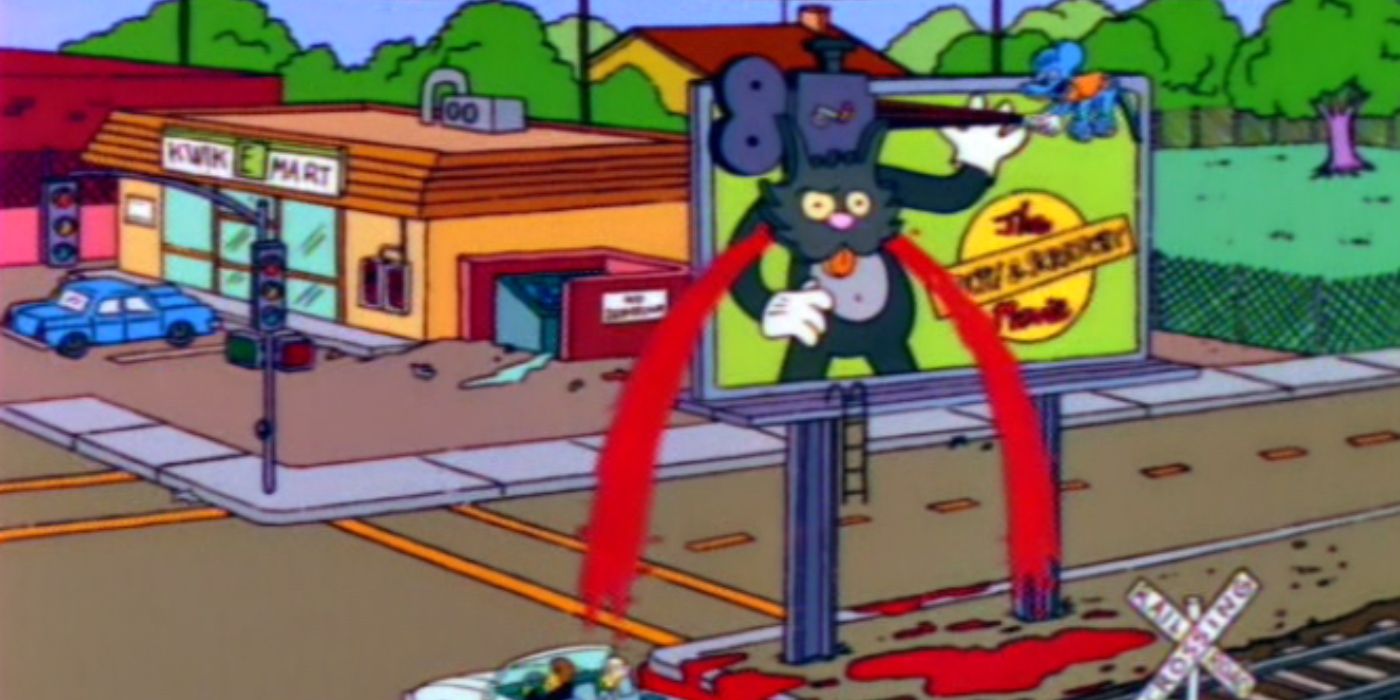 A billboard for 'Itchy & Scratchy: The Movie' sprays blood on the street outside the Kwik-E-Mart in 'The Simpsons' Season 4, Episode 6 "Itchy and Scratchy: The Movie".