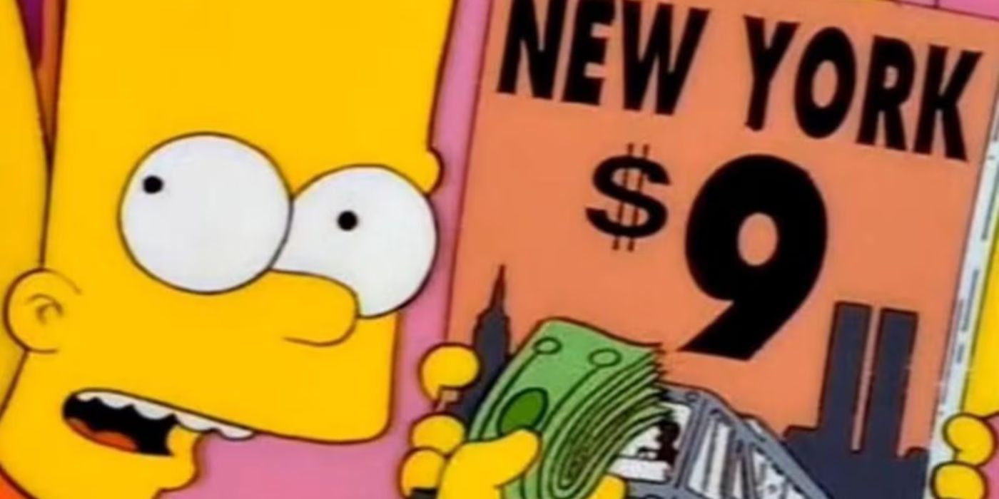 Bart Simpson holds up a wad of cash as Lisa displays the cover of a magazine reading "New York $9" in 'The Simpsons' Season 9, Episode 1 "The City of New York vs. Homer Simpson".