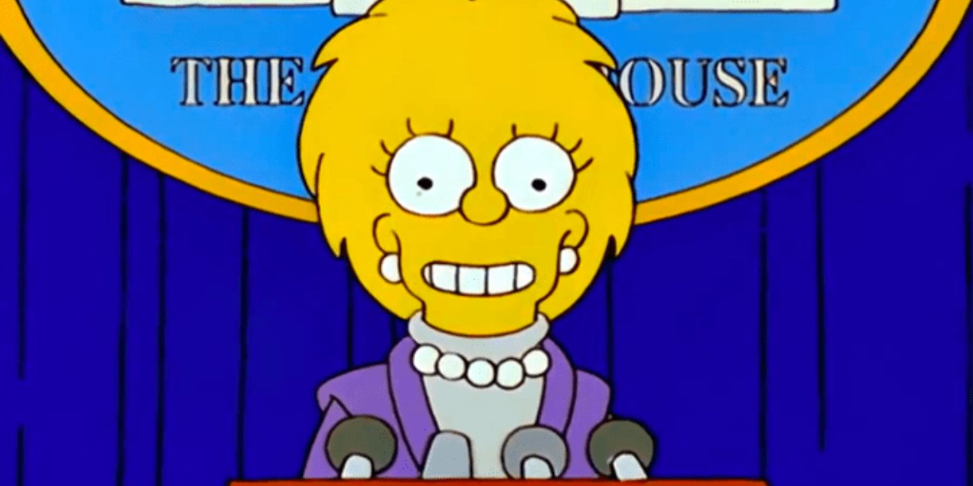 An adult Lisa Simpson speaks at the White House, wearing a purple shirt and a pearl necklace in 'The Simpsons' Season 11, Episode 17 "Bart to the Future".