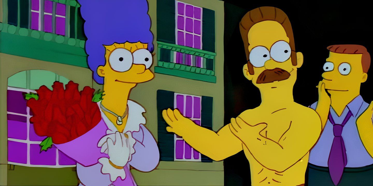 Marge holds a bouquet of red roses while a shirtless Flanders gestures towards her in The Simpsons.