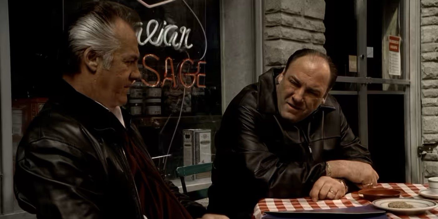 Paulie (Tony Sirico) and Tony (James Gandolfini) sit outside a diner in the finale of 'The Sopranos'