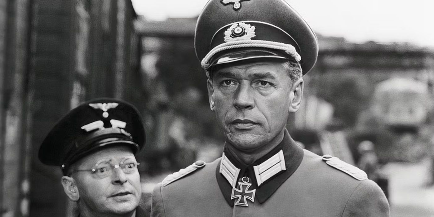 Paul Scofield as Colonel Franz von Waldheim looking sternly ahead in The Train (1964)