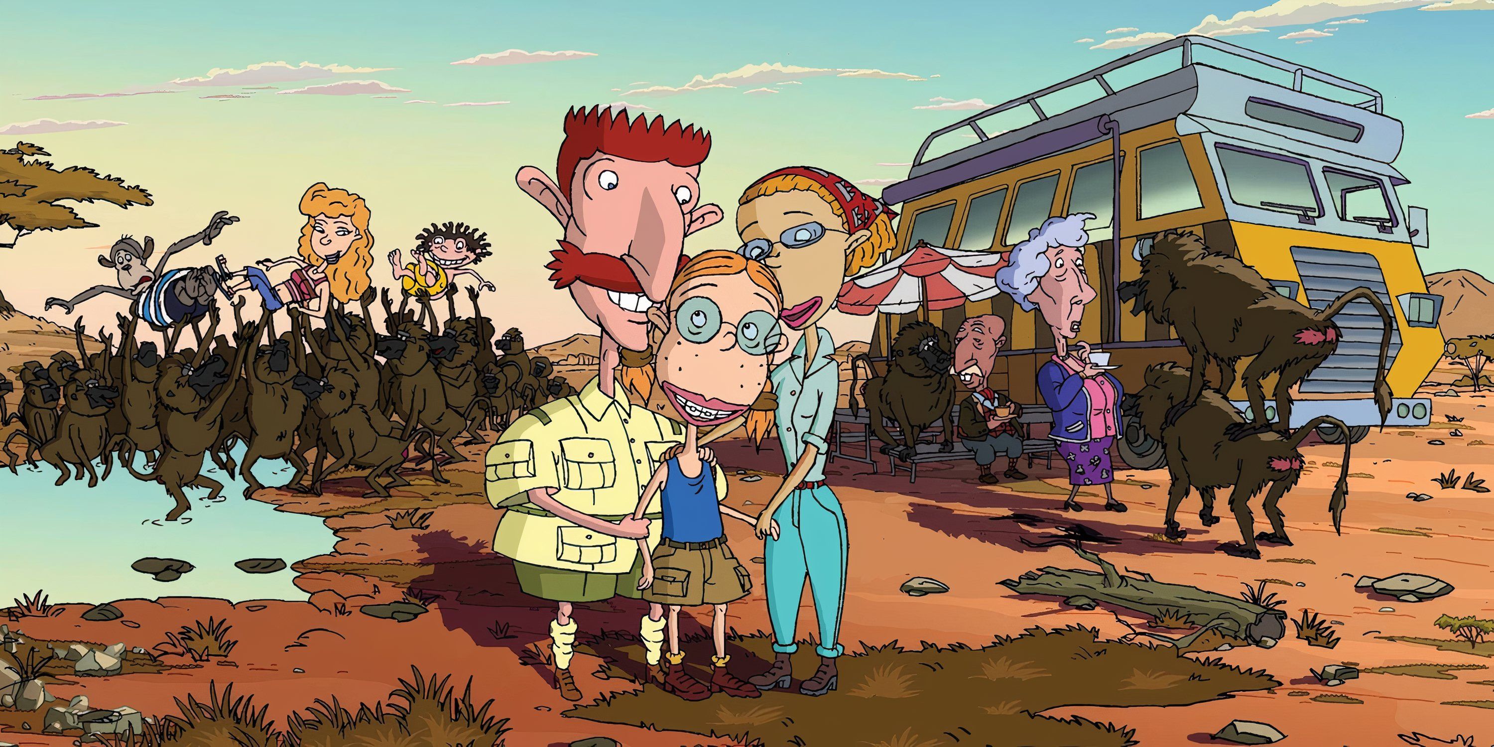 The Thornberry family in a loving embrace while in the middle of the savannah near a crowd of rambunctious baboons in a promotional still for 'The Wild Thornberrys Movie' (2002)