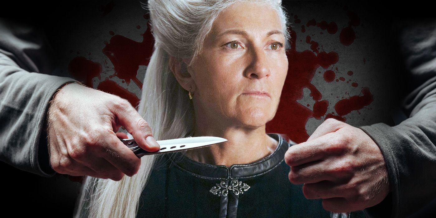 Eve Best as Rhaenys with a hand holding a knife in front of her throat in a custom image