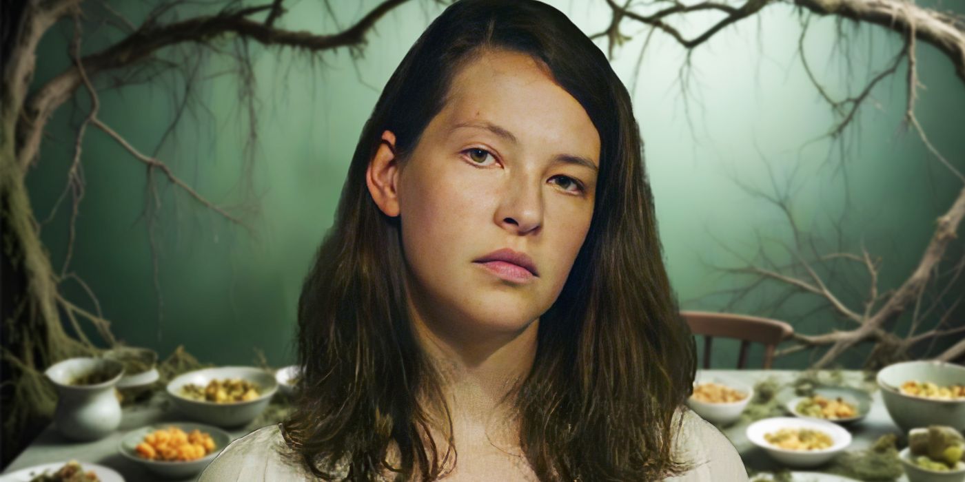 Custom image of Annes Elwy as Cadi in The Feast in front of a dining table full of food