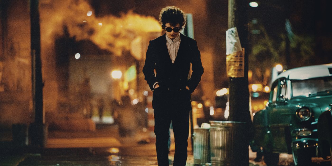 Timothee Chalamet as Bob Dylan in A Complete Unknown.