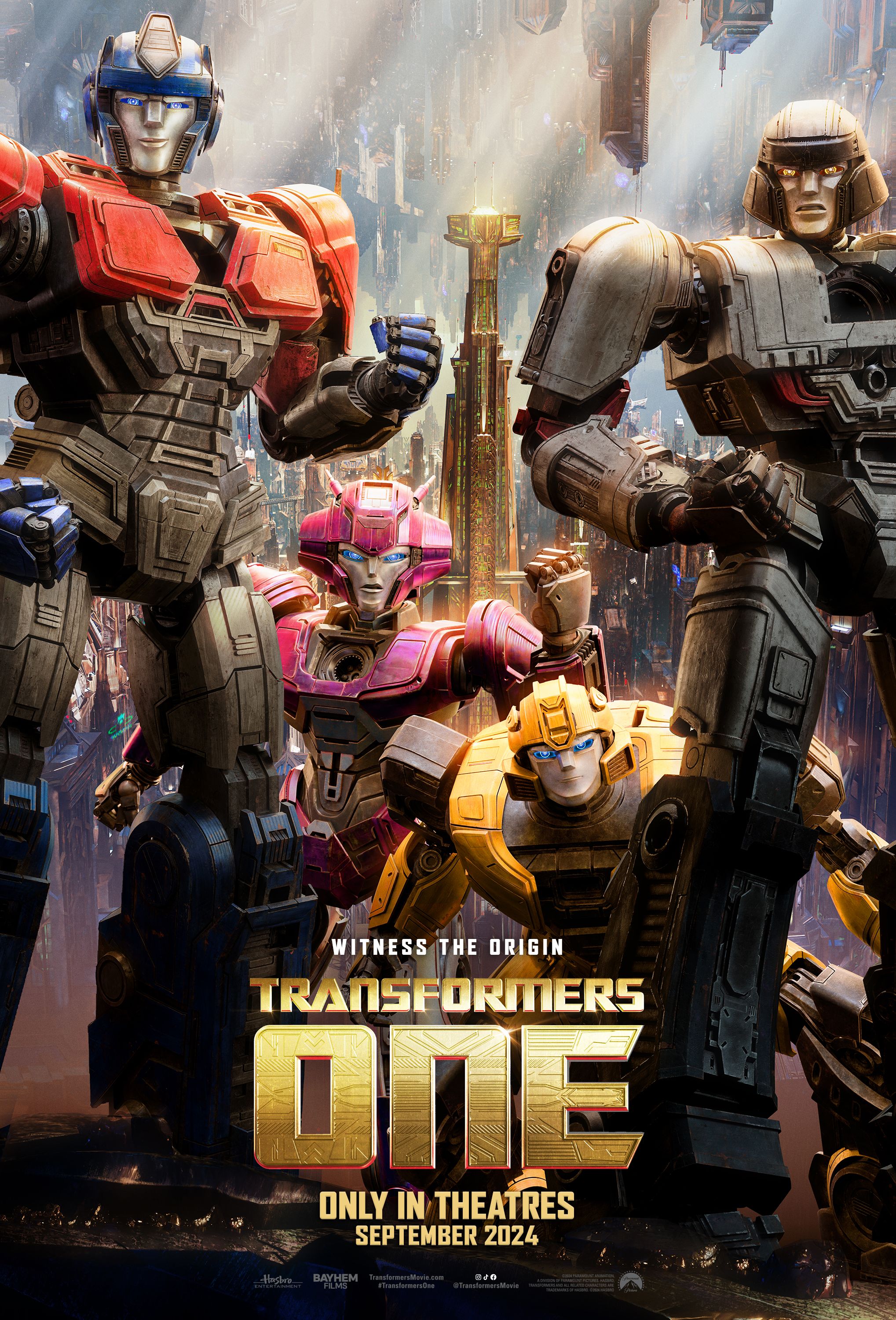 Póster de Transformers One con Orion, D-16, Elita-1 y B-127