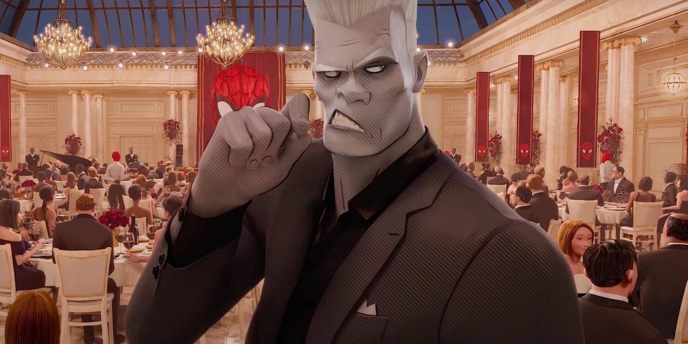 Tombstone using a toothpick at a Spider-Man charity event in Spider-Man: Into the Spider-Verse