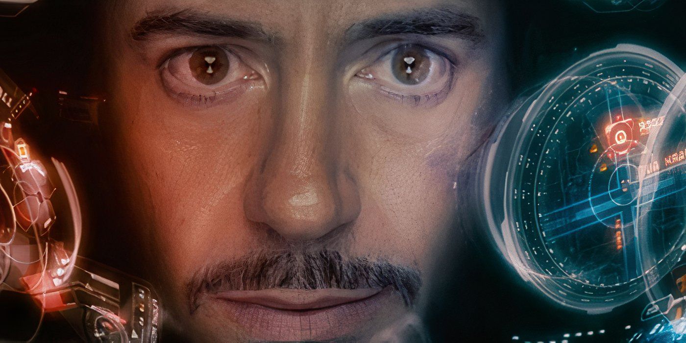 A close-up of Tony Stark (Robert Downey Jr.) inside his helmet looking at his HUD