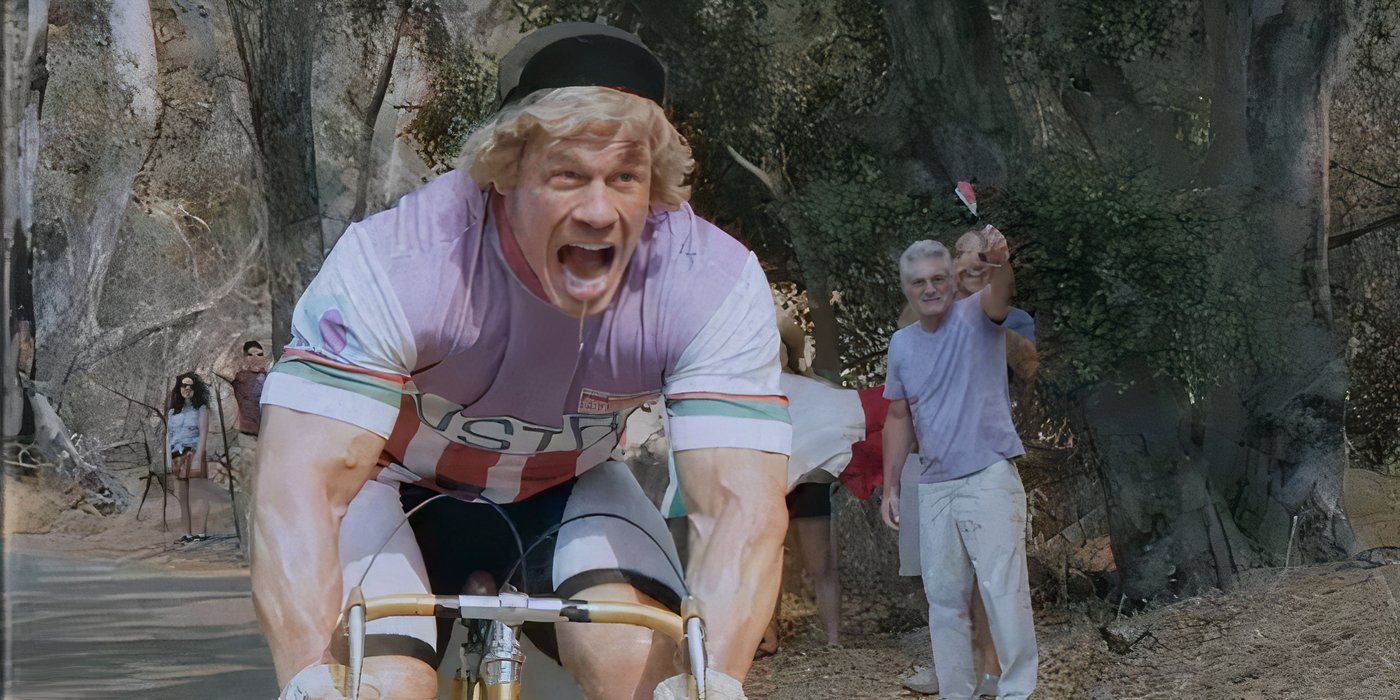 John Cena as Gustav Ditters aggressively riding a bicycle in the Tour de France while screaming at the top of his lungs in 'Tour de Pharmacy' (2017)