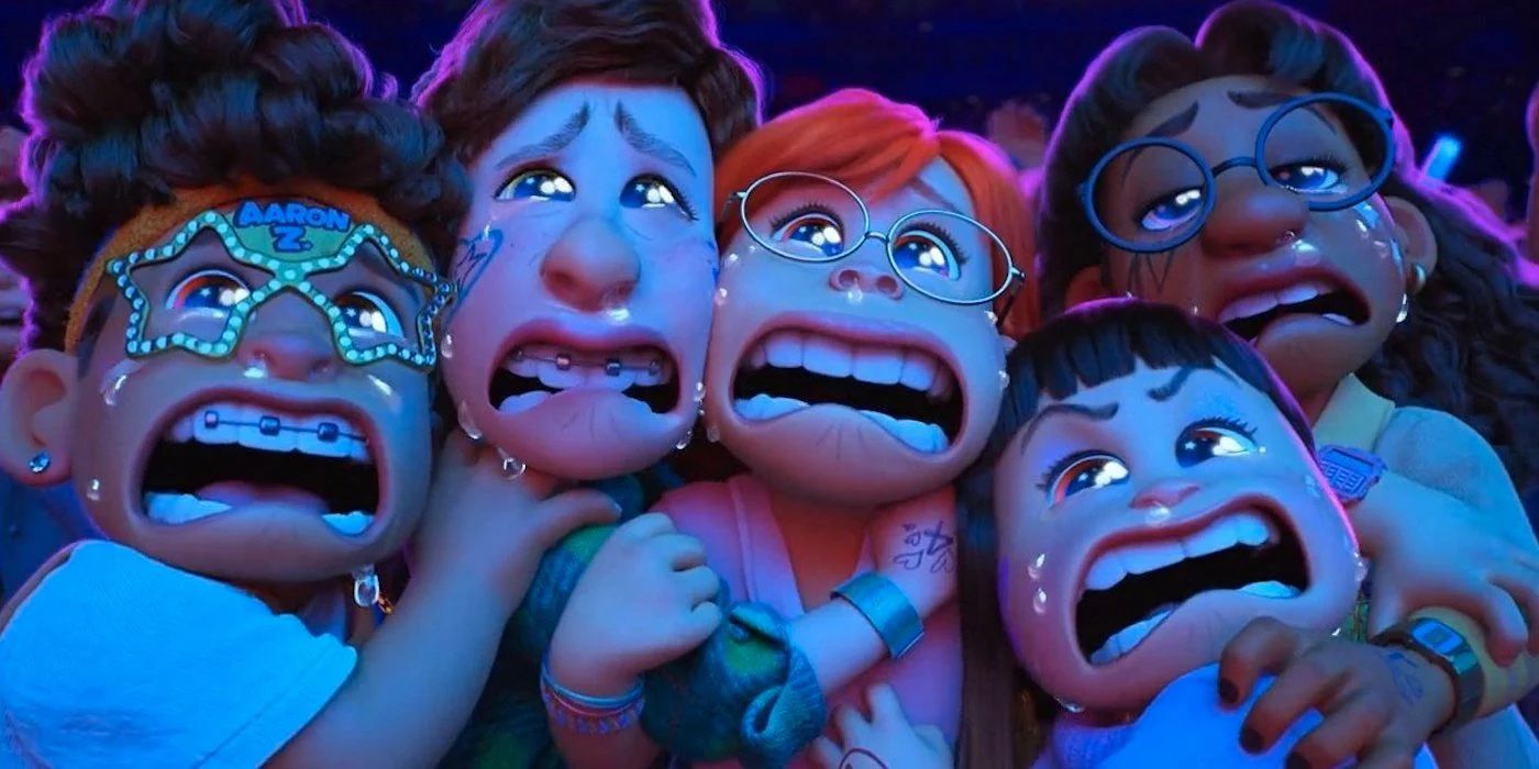 Tyler, Miriam, Mei, Abby, and Priya crying at a concert in Turning Red.