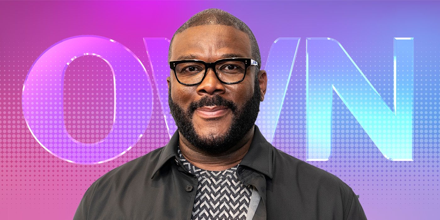 Tyler Perry smiles with OWN logo faded in background