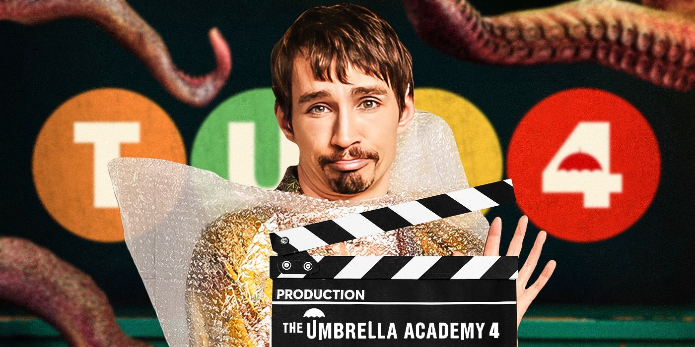 An edited image of Robert Sheehan holding a clapboard in front of a subway sign used in The Umbrella Academy