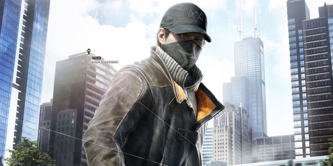 Watch Dogs player character with a mask and hat on in front of a cityscape