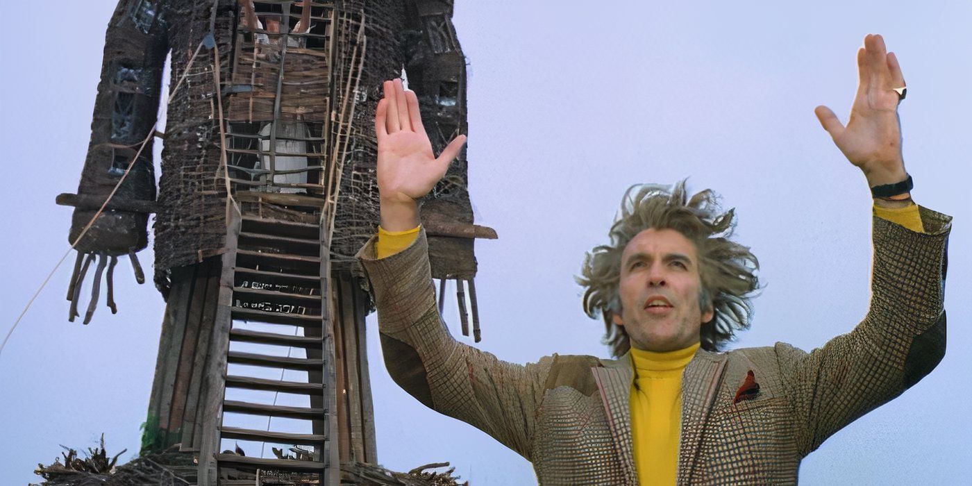 Lord Summerisle prays in front of the eponymous Wicker Man in 'The Wicker Man' (1973)