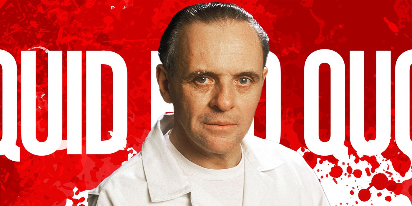 Blended image showing Anthony Hopkins in The-Silence-of-the-Lambs with the line QUID PRO QUO in white letters in the background.