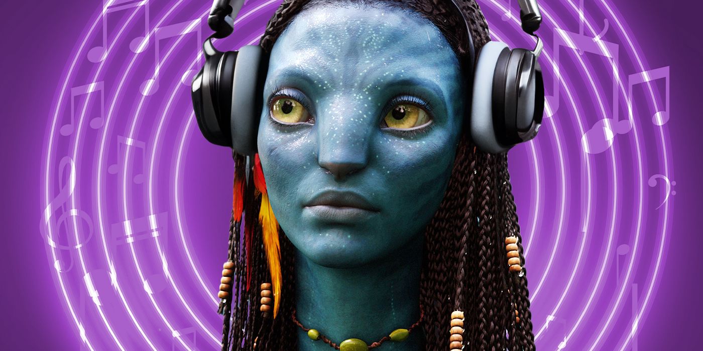 Blended image showing Neytiri from Avatar wearing headphones against a background with musical notes.