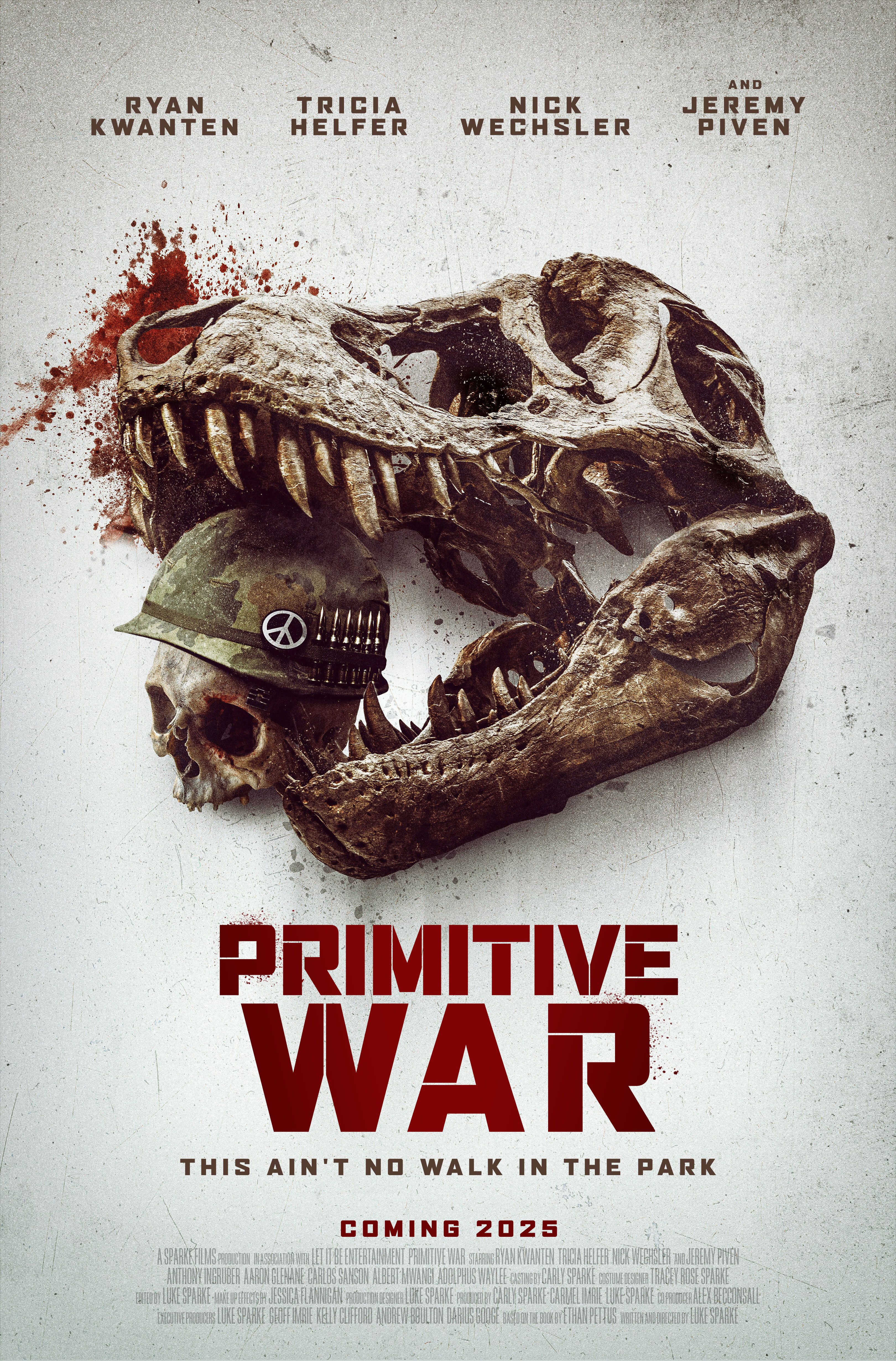 primitive war poster features a t rex skull eating a human skull with army helmet on