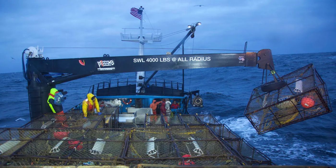 A cage swings off a ship in Deadliest Catch 