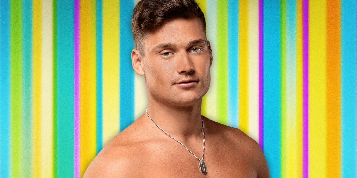 Aaron Evans headshot for &lsquo;Love Island USA&rsquo; with a colored striped background.