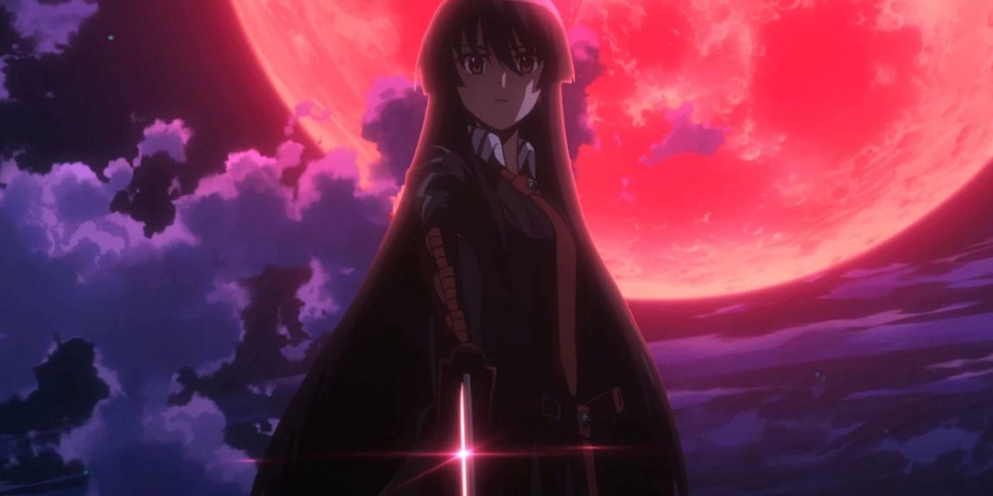 Akame holding a sword with a red moon backdrop, Akame Ga Kill