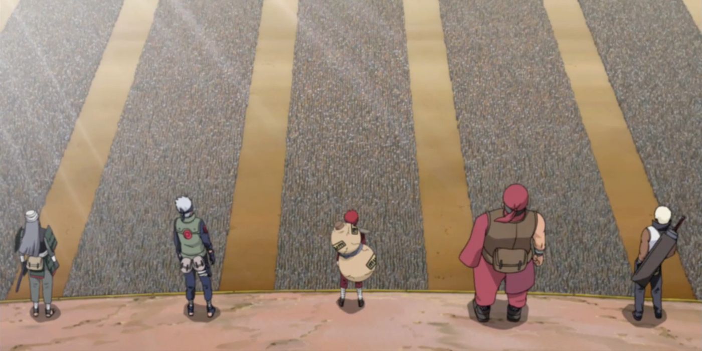 Mifune, Kakashi, Gaara, Akatsuchi, and Darui standing in front of the allied ninja forces in Naruto Shippuden