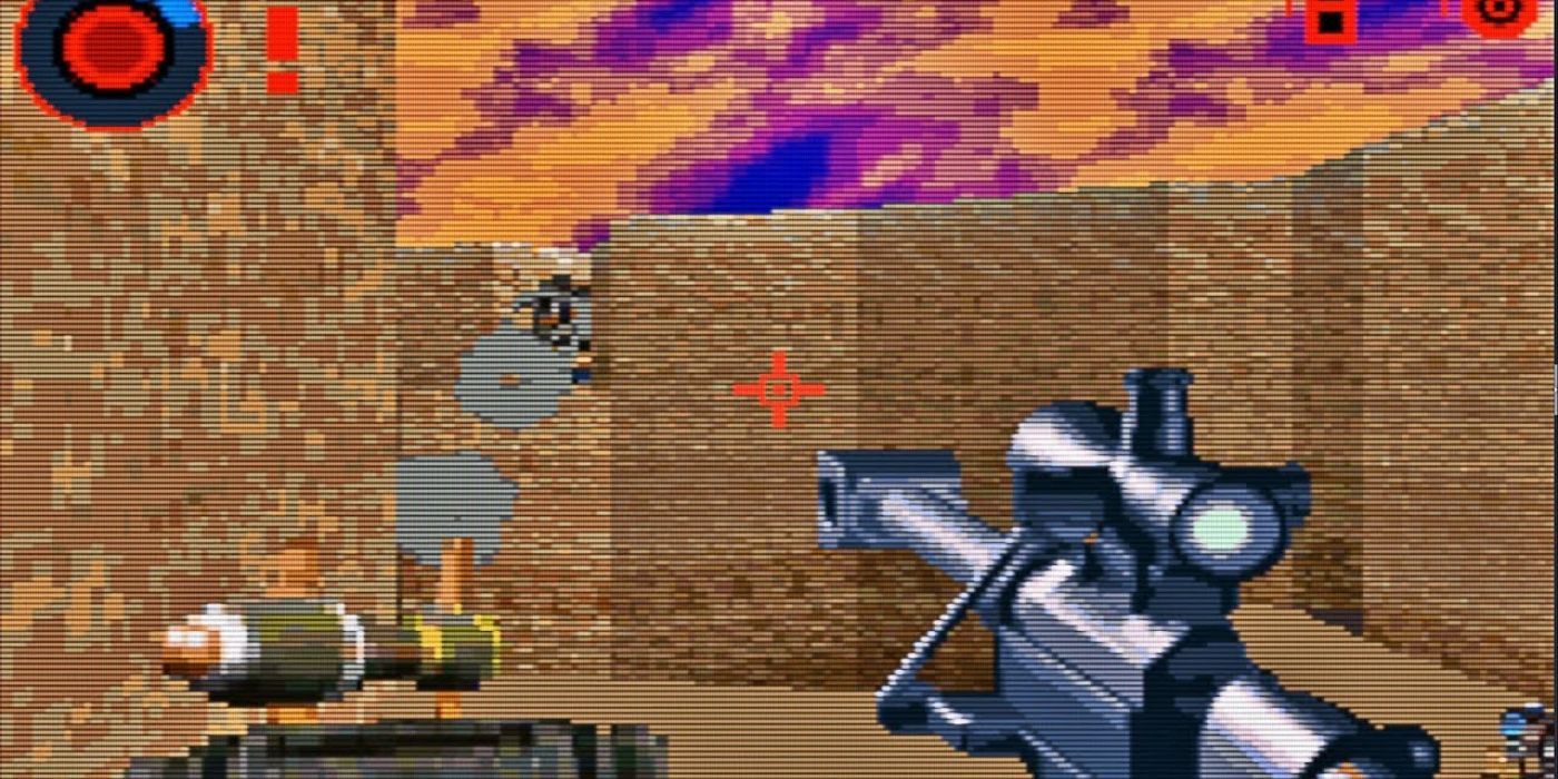 Sever wields a rifle from a first-person perspective as a rocket flies by in the "Ballistic: Ecks vs. Sever' video game