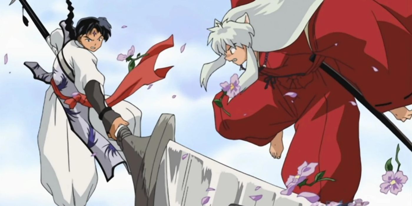 Bankotsu swinging his banyru at InuYasha as he jumps in InuYasha.