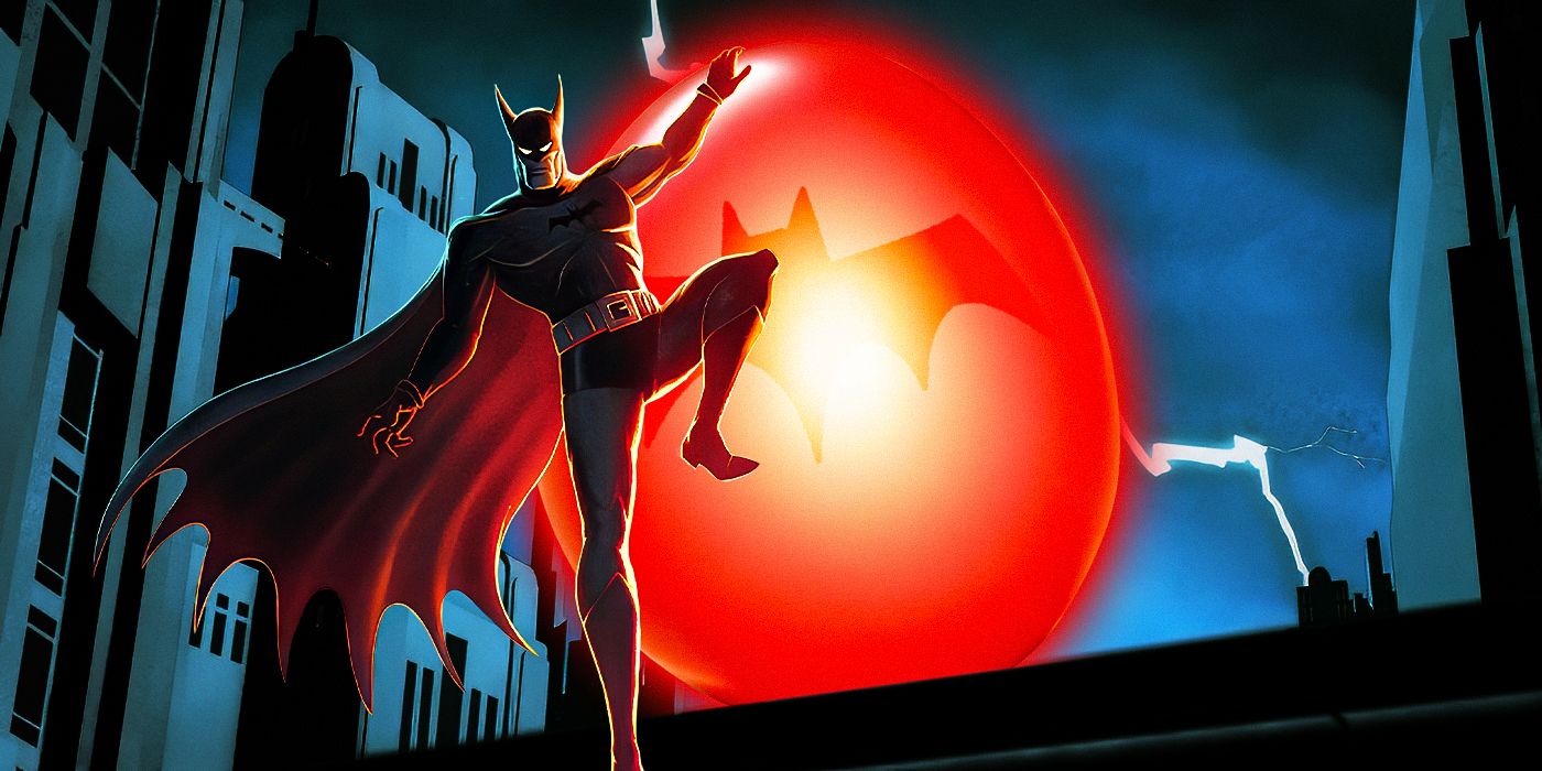 Hamish Linklater's Batman of Batman: Caped Crusader, hanging on to a large red easter egg